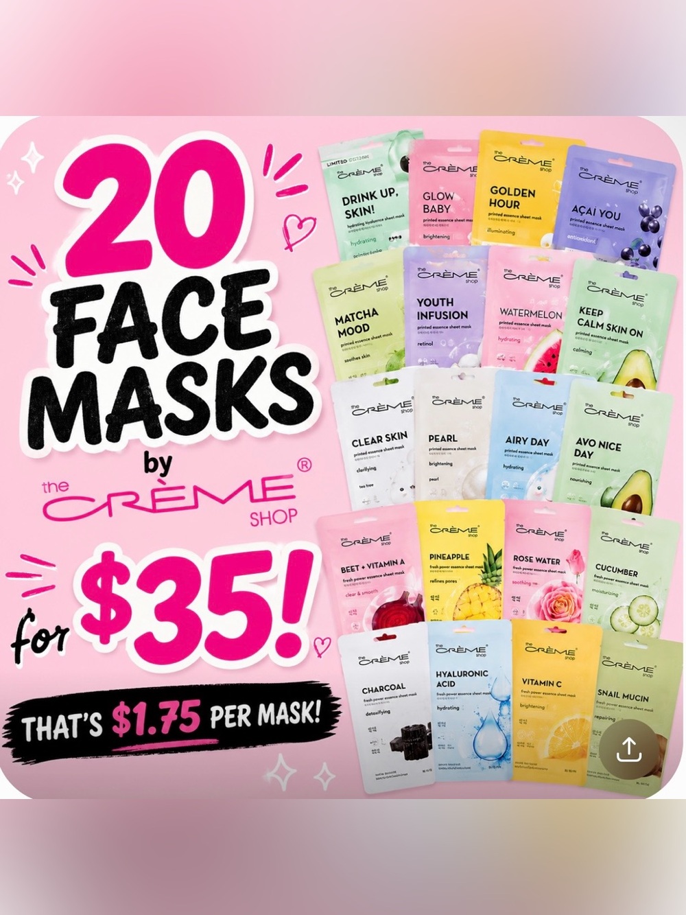 20 crème shop face masks (assorted)